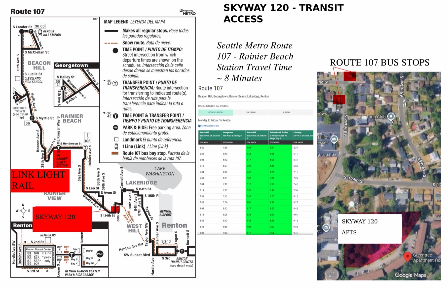 Map of Skyway 120's transit access, showing Route 107 bus service to Rainier Beach Station and the surrounding area